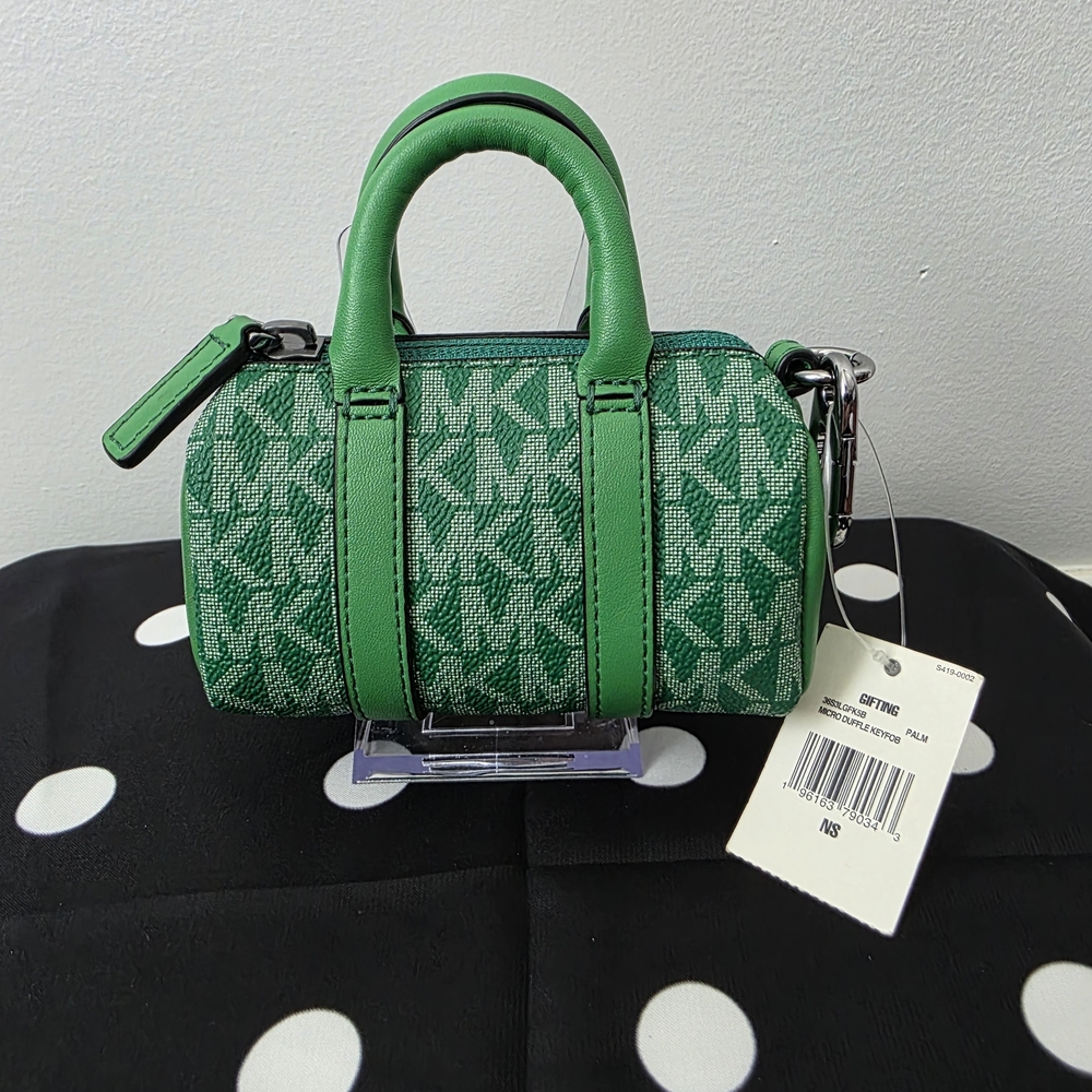 Michael Kors Green Jacquard Micro Duffle Bag Charm Keychain NWT Logo Mini Pouch - Picture 5 of 15